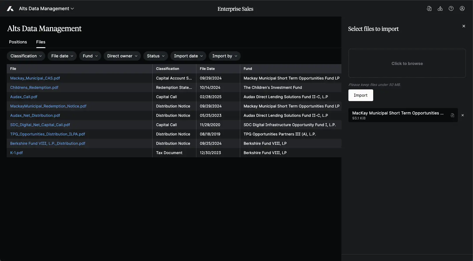 Alts Data Management Files Tab with Import Sidebar