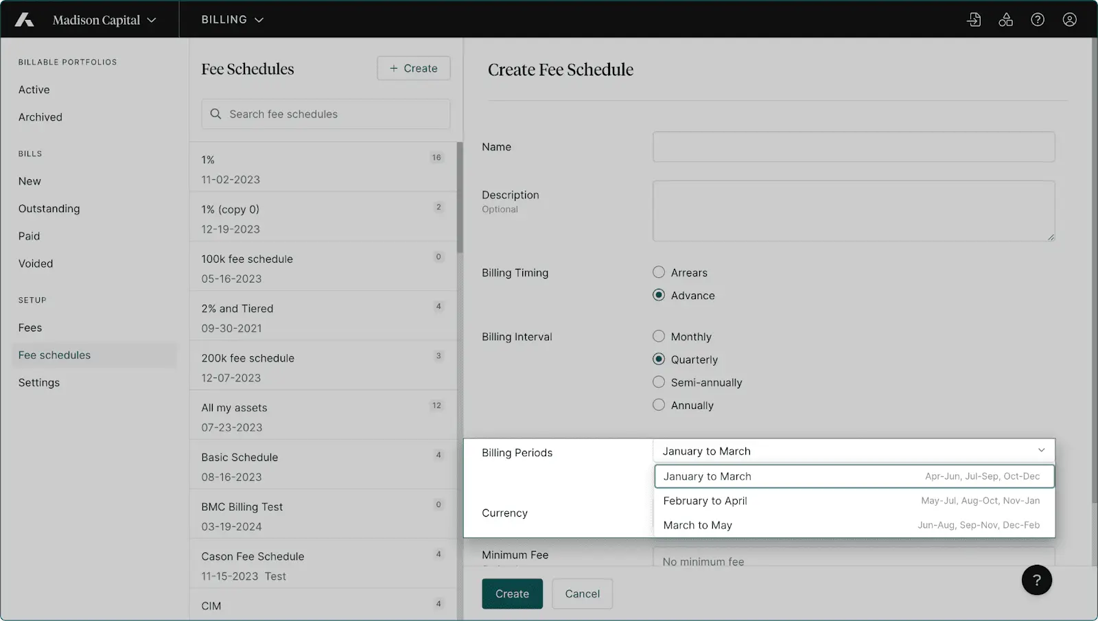 Create Fee Schedule Screenshot