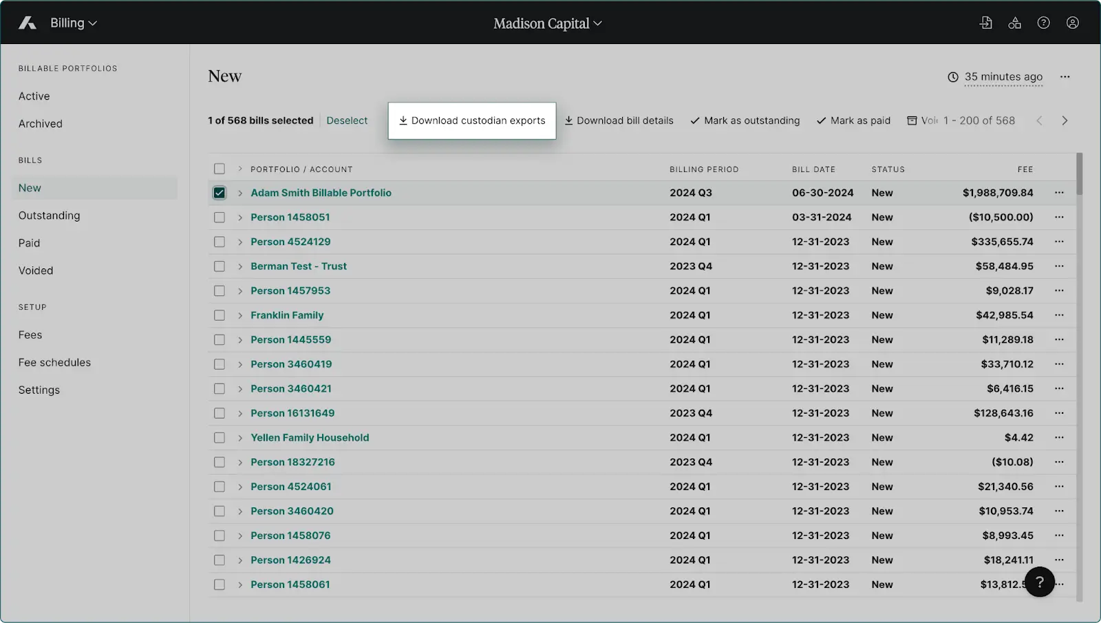 Download billing data in custodian formats