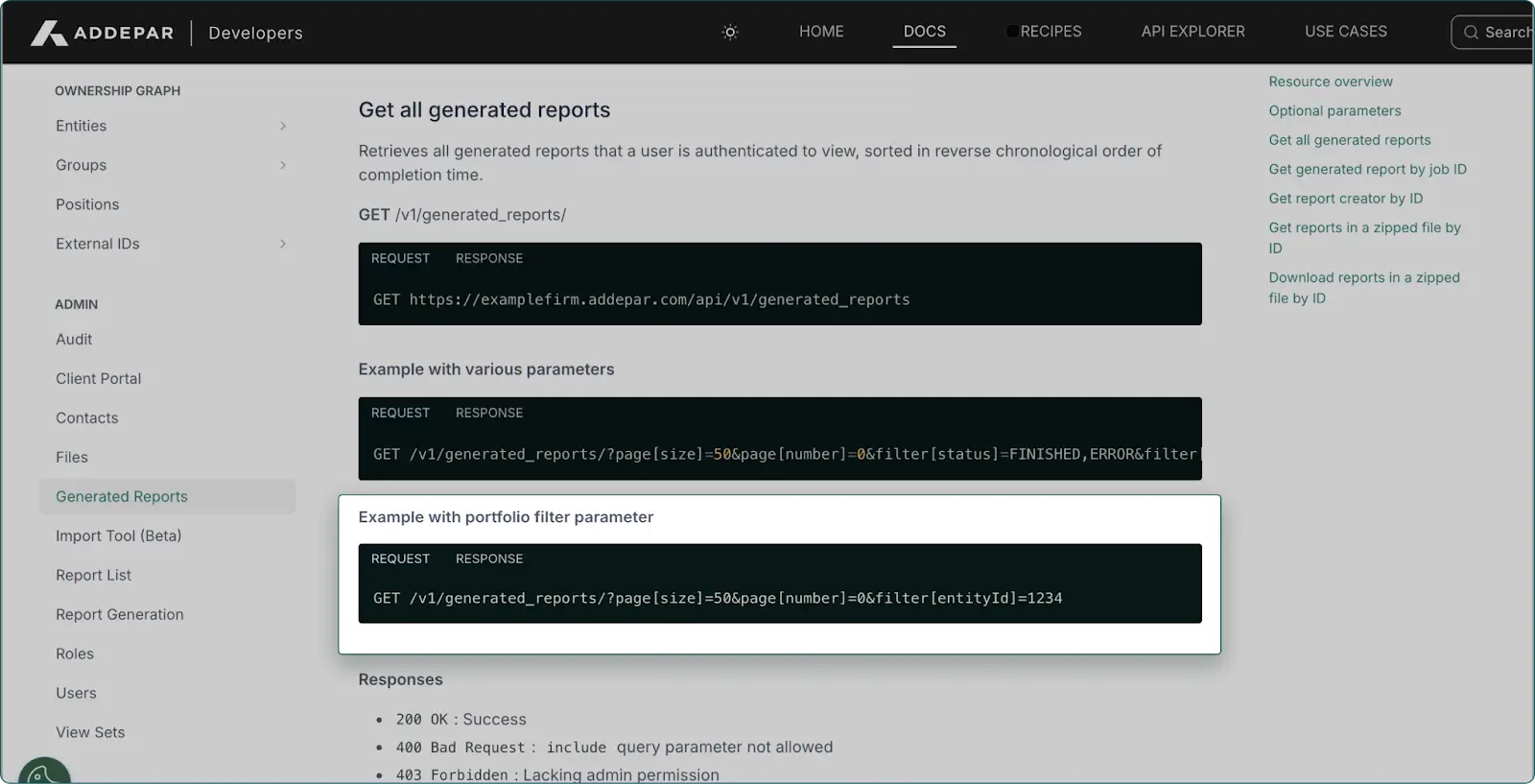 Specify which portfolio you want to see generated reports for with the Generated Reports API